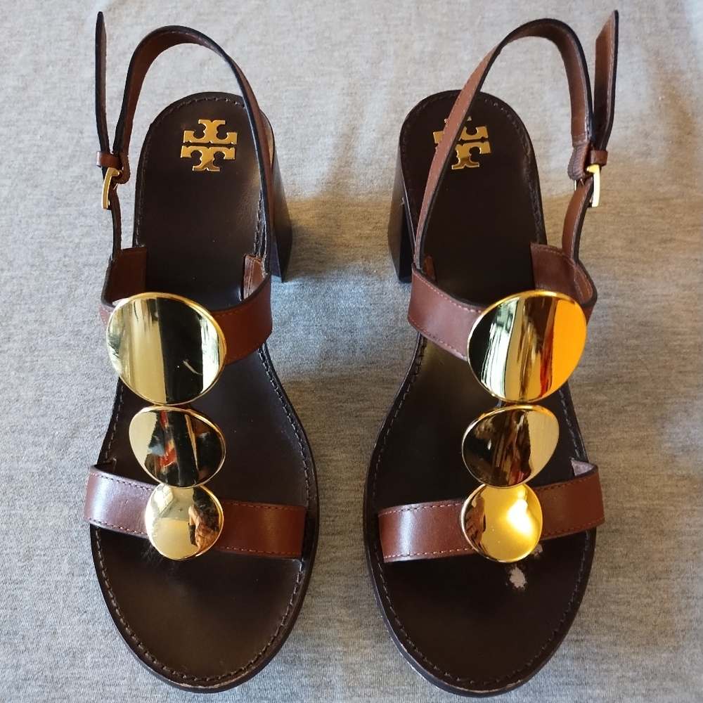 Tory Burch Patos Multi Disk Burnt Cuoio Leather Block Heel Sandals Size 8.5